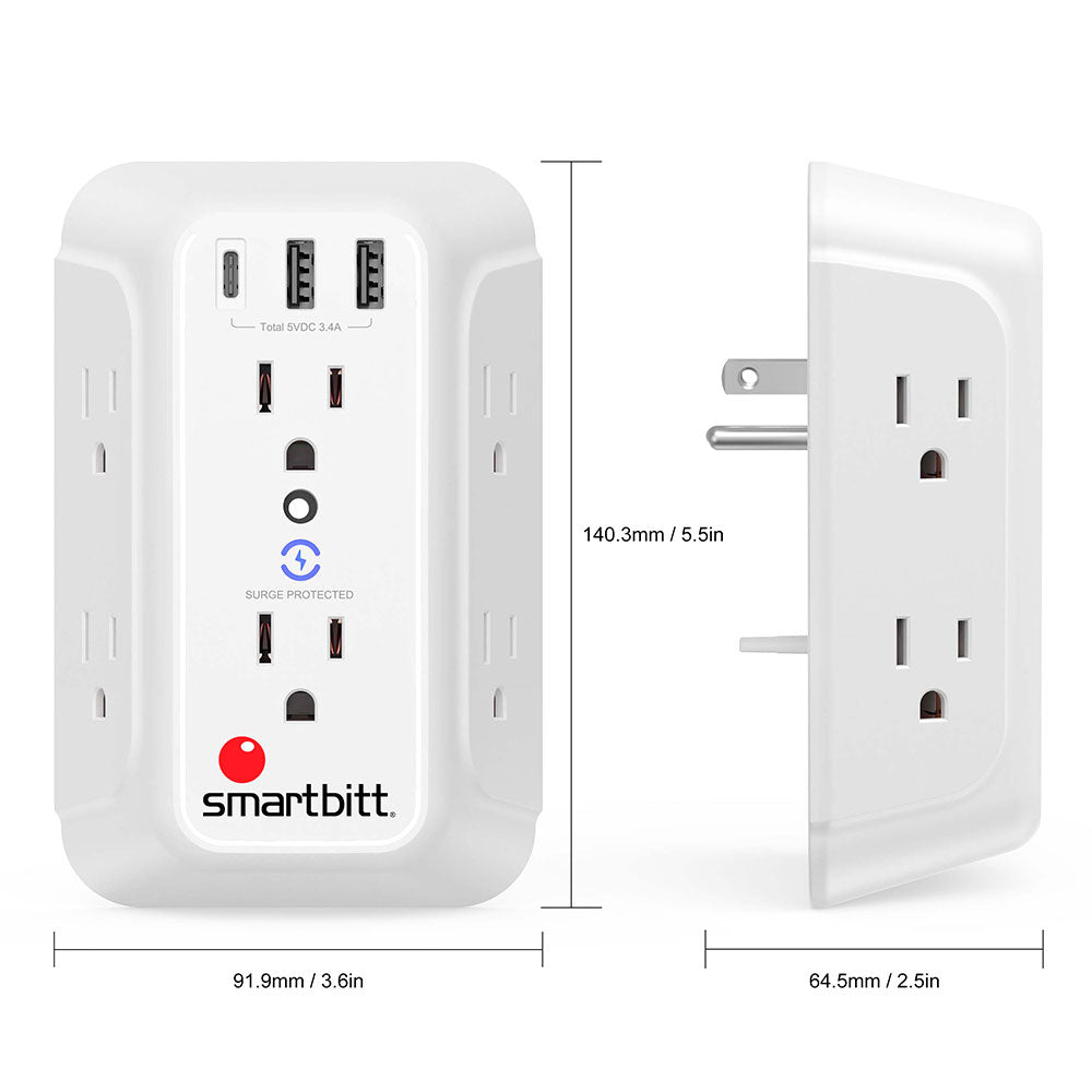 SBSS-BW6-3U / / Supresor de picos con 6 contactos + 2 USB + 1 Tipo C, 1250J