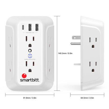 SBSS-BW6-3U / / Supresor de picos con 6 contactos + 2 USB + 1 Tipo C, 1250J